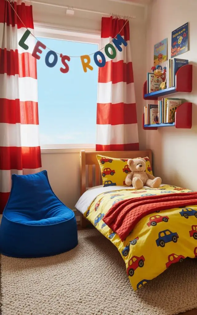 A photograph of a cozy toddler boy's bedroom bathed in soft morning light. A playful banner displaying "Leo's Room" hangs above a toddler bed featuring bright yellow sheets adorned with cartoon car prints, complemented by a cheerful red throw blanket and a beloved teddy bear. A comfy royal blue beanbag chair sits in front of large red-and-white striped curtains framing a window showcasing a glimpse of a light blue sky. A colorful toy shelf and whimsical wall-mounted bookshelf filled with front-facing storybooks complete the cheerful, well-decorated space.