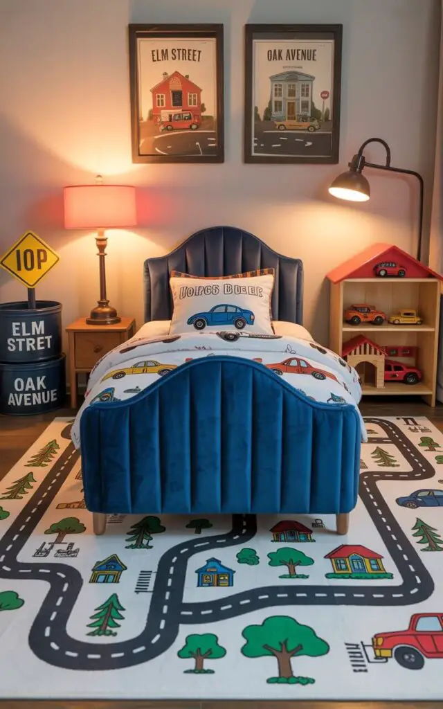 A photograph of a vibrant toddler bedroom centered around a playful road-map rug with illustrated streets, trees, and tiny houses, creating a whimsical play space. The focal point is a cozy toddler bed with a plush, royal blue velvet headboard and race car bedding, positioned invitingly in the center of the room.  Soft lighting illuminates the space, highlighting a road-sign-themed lamp, storage bins labeled with "Elm Street" and "Oak Avenue" and vintage-style transportation prints adorning the walls, while a wooden toy garage sits beside the bed. The overall atmosphere is warm and inviting, bathed in gentle ambient light.