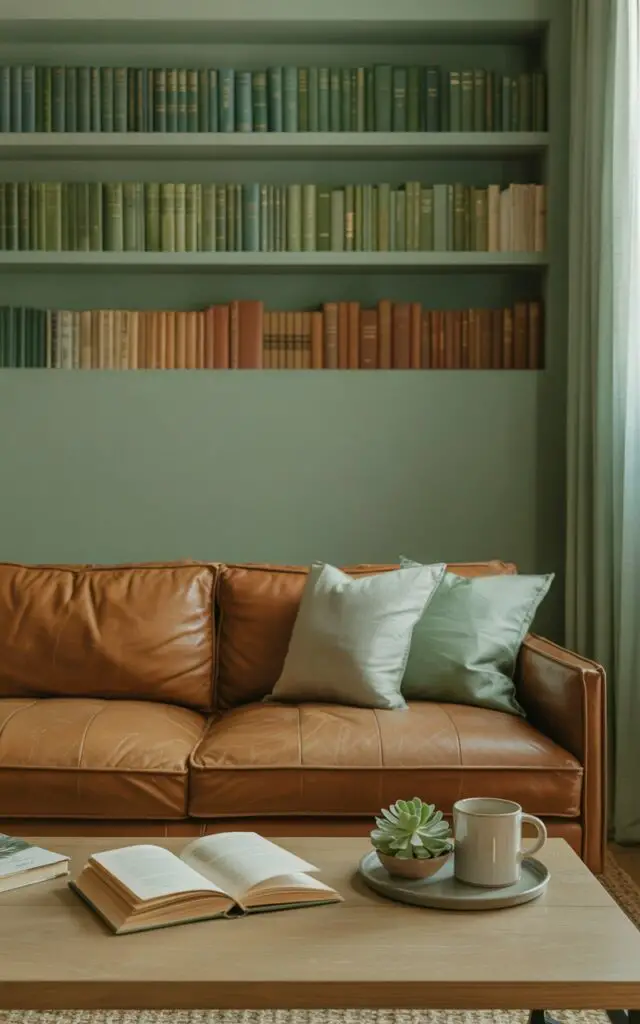 A photograph of a serene green and brown living room, centered around a comfortable camel leather sofa. The sofa faces built-in shelves displaying a carefully arranged collection of books with spines in various shades of green and brown, their colors creating a visually appealing gradient. An open book titled "Botanical Wonders" rests on a low oak coffee table alongside a ceramic mug and a small succulent, while a sage green accent wall subtly ties the room's color palette together. Soft, natural light streams through sheer curtains, creating a warm and inviting atmosphere.