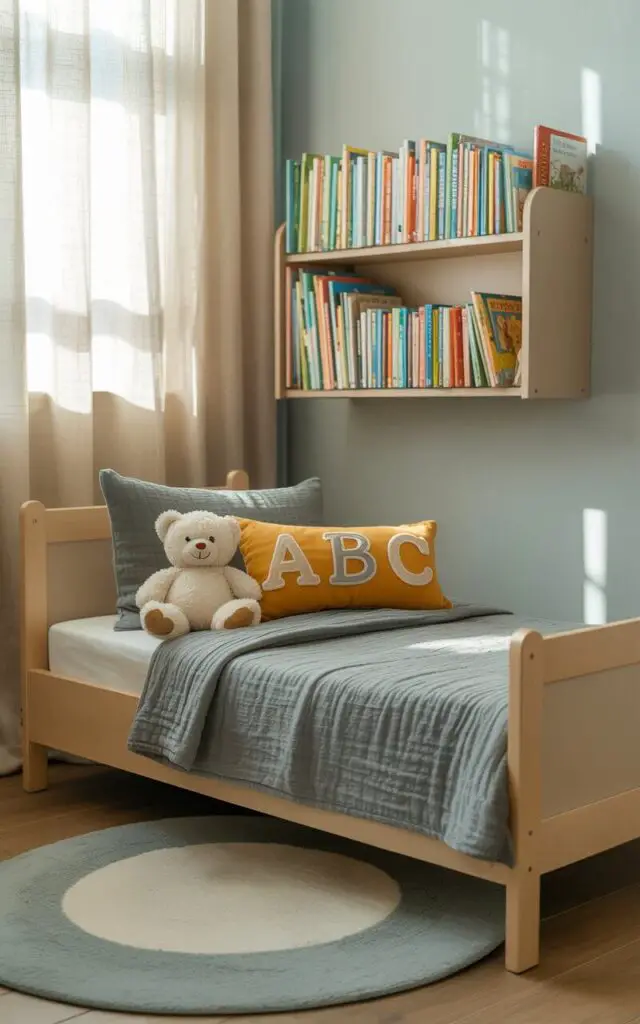 A photograph of a cozy toddler boy's bedroom featuring a small, neatly made bed as the central focus. The bed is adorned with soft, grey linen sheets, a plush white teddy bear, and a cheerful yellow throw pillow with embroidered "ABC"s. A sleek, wall-mounted bookshelf filled with colorful children’s books arranged by hues sits within easy reach, reflecting the natural light filtering through light beige curtains. The room is completed with a soft, circular area rug beneath the bed and calming light blue walls, creating an inviting space for reading and play.