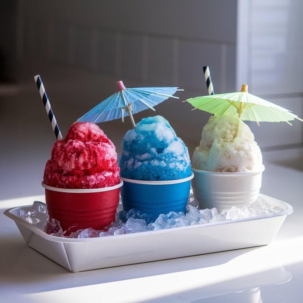 A photo of three classic paper snow cone cups—red, blue, and white—tightly packed with finely shaved ice, saturated in brightly colored boozy syrups: deep cherry red, bright blue raspberry, and clear coconut. Each cone is garnished with a striped straw and a paper cocktail umbrella. The icy granules glisten under the light, showing subtle gradients in the syrup coloring. These playful Memorial Day desserts are arranged in a shallow white tray filled with crushed ice to keep them cold, placed on a bright plain white kitchen countertop. Natural light from the left enhances the vibrancy of the syrup and reflects off the icy texture, creating a festive, refreshing scene.
