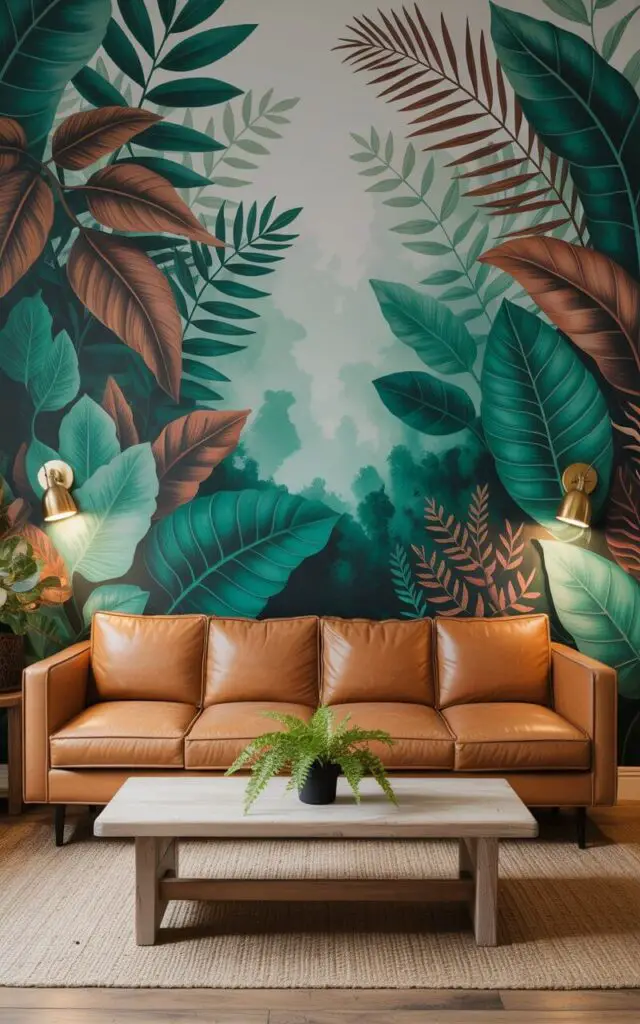 A photograph of a cozy living room transformed by a dramatic botanical mural, creating a lush and inviting atmosphere. A plush caramel velvet sofa anchors the space, facing a full-wall mural depicting oversized tropical foliage in varying shades of moss and emerald, accented by detailed brown leaf veins and a suggestion of a forest floor. A raw wood coffee table sits atop a neutral jute rug, displaying a small potted fern, while brass wall sconces flank the mural, casting a warm, soft glow that illuminates the vivid scene. The overall composition is balanced and serene, suggesting a tranquil nature-inspired haven.