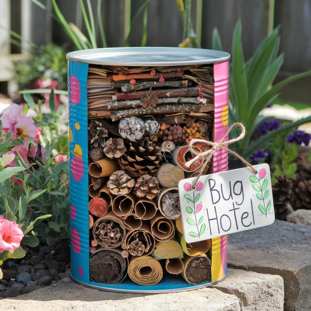 A photo of a sunny backyard garden corner with a charming bug hotel made from a repurposed tin can. The can is filled with layers of twigs, pinecones, rolled cardboard, and dried leaves, all neatly stacked to create cozy nooks for insects. The can's exterior is painted in bright colors with polka dots, and a hand-drawn "Bug Hotel" sign is tied to it with twine. The bug hotel rests among flower beds. The background contains a fence and a few plants.