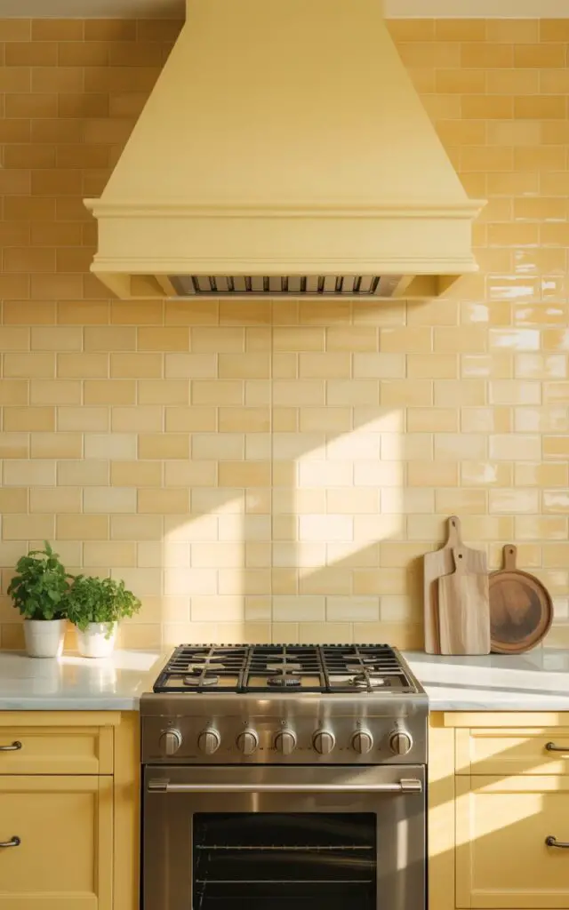 A photograph of a pristine yellow kitchen, bathed in the soft glow of morning light. The focal point is the buttercream yellow subway tile backsplash, meticulously arranged behind a stainless-steel farmhouse sink and a sleek white countertop. Integrated LED lighting casts subtle highlights across the textured tiles, while a gas stove with brushed stainless steel accents sits centrally, flanked by two minimalist wooden cutting boards. A few potted herbs sit on the countertop, adding a touch of vibrant green to the warm, inviting space.