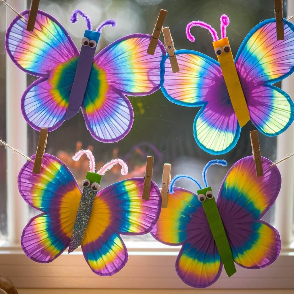 A photo of four butterflies made from tie-dyed coffee filters. Each butterfly has wings decorated with vibrant swirls of purple, blue, and yellow. The bodies are made from clothespins, some painted and glittered, with googly eyes and pipe cleaner antennae. The butterflies are clipped to a string and displayed on a windowsill. Sunlight filters through the window, casting a warm glow on the scene.