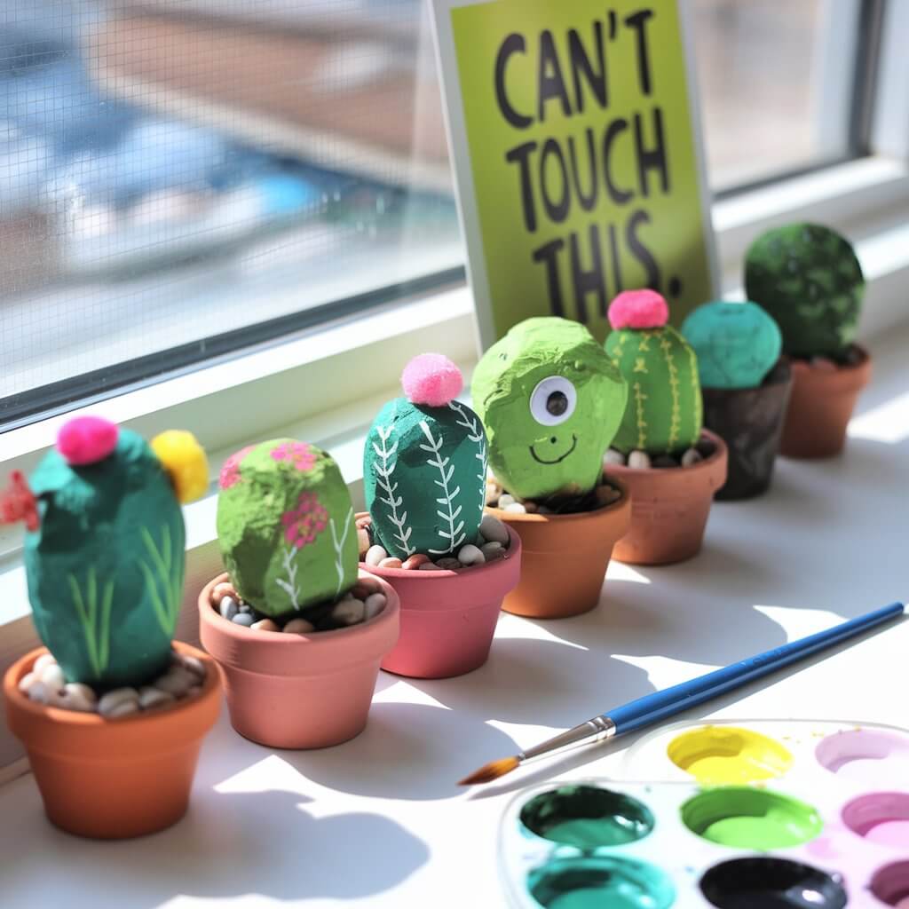 A photo of a sunny indoor windowsill with a row of adorable painted rock cacti. Each rock is painted in shades of green and has hand-drawn spines in white and yellow. Some of the rocks feature tiny painted flowers or are topped with pink pom-poms. The rocks sit nestled in small terracotta pots filled with pebbles or faux sand. One cactus has a googly eye and a smiley face. Nearby, a paintbrush rests in a palette of greens. Behind the rocks is a cheerful poster that says, "Can't Touch This." This craft is both decorative and playful.