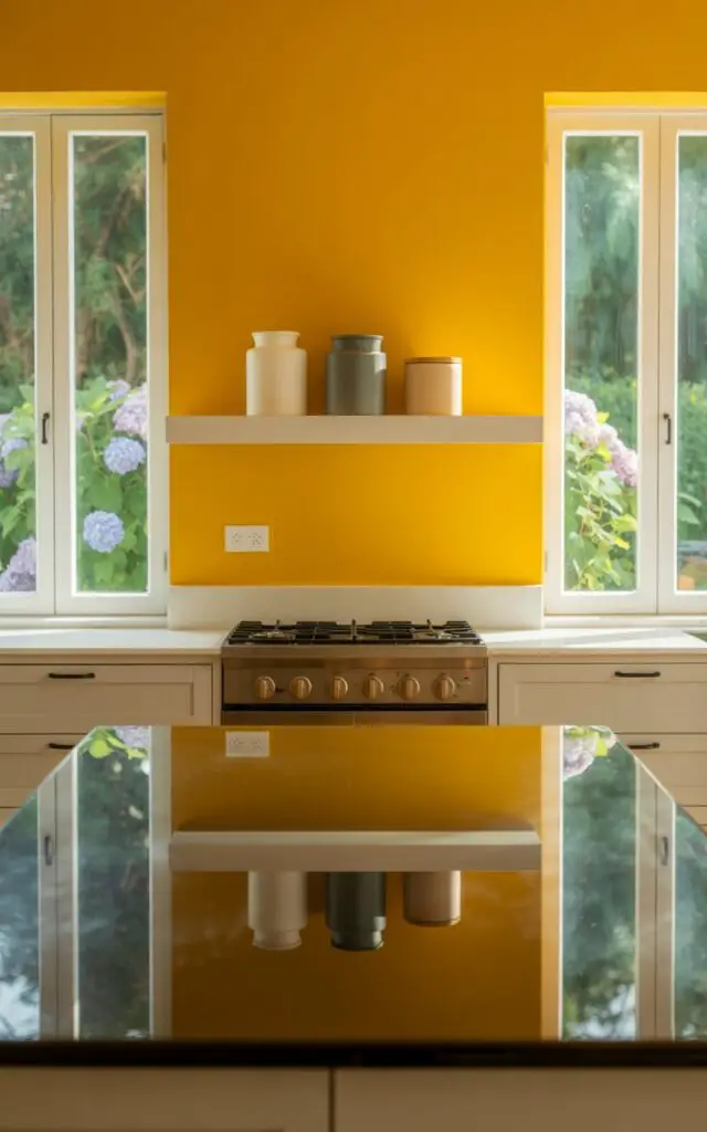 A photograph of a pristine, modern kitchen centered around a gleaming black kitchen island with a glossy countertop. The island reflects the vibrant canary yellow walls (#FFFF99), creating a bold contrast with the sleek, handleless cabinetry along the perimeter; a floating shelf above displays three minimalist ceramic canisters in white, grey, and beige. Soft, natural light streams through oversized windows, framing a lush green garden with blooming hydrangeas visible beyond, while a stainless steel gas stove sits beneath the shelf, creating an atmosphere of quiet luxury and meticulous organization.