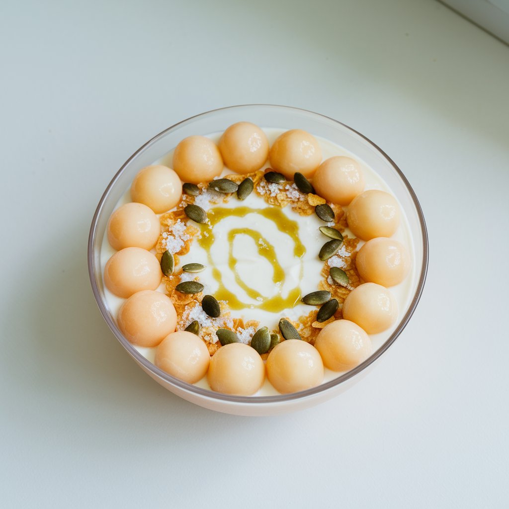 A photo of a yogurt bowl on a white countertop. The bowl contains creamy plain yogurt and is topped with pale orange cantaloupe balls, a drizzle of lime juice, pumpkin seeds, and a pinch of salt. The melon is round and glistening, neatly arranged in a curved line. The yogurt bowl is placed on a bright plain white kitchen countertop, where crisp natural light enhances the pastel tones of the cantaloupe and the delicate shadows of the cornflake edges.