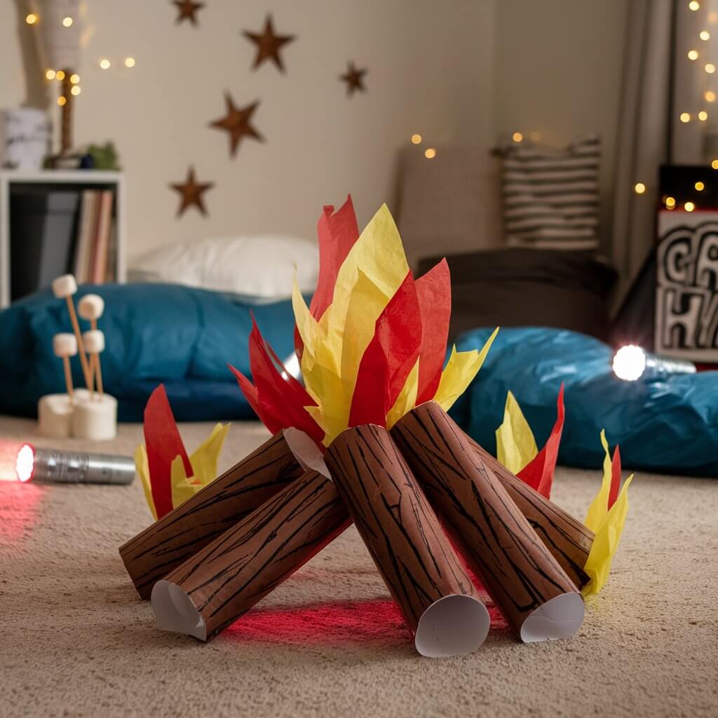 A photo of a cozy indoor faux campfire scene on a living room floor. The "logs" are paper towel rolls painted brown with bark-like streaks, arranged in a pyramid. Between them, red, orange, and yellow tissue paper is artfully shaped to resemble flickering flames. The room has a few marshmallows on skewers, cut-out stars on the wall, flashlights, a sleeping bag, and a "Camp Happy" sign in crayon. The background has a few marshmallows on skewers, cut-out stars on the wall, flashlights, a sleeping bag, and a "Camp Happy" sign in crayon.