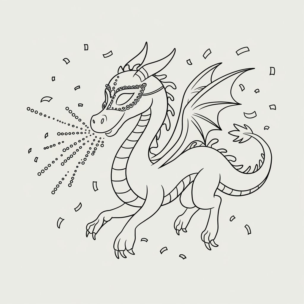 A minimalist, plain white background pencil drawing illustration of a dragon wearing a beaded mask. The dragon breathes fireworks from the mouth. The dragon is drawn in a simplistic style, with smooth, confident curves and a lively expression. The mask has simple embellishments—pointed edges and dotted designs—lightly shaded for depth. The wings stretch wide with playful motion, and a tail swoop adds rhythm to the composition. A few confetti pieces float through the air, suggested with faint marks, keeping the piece energetic yet minimal.