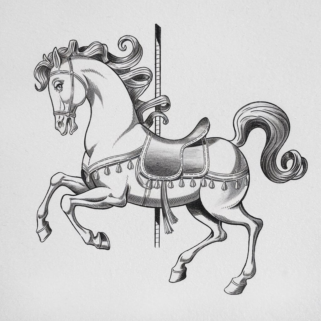 A minimalist pencil drawing illustration of a horse styled like a vintage carousel figure. The horse is drawn in a simplistic style with ornamental touches, such as a ribboned saddle and tassels. The horse is posed in a joyful mid-prance, with one front leg raised. A straight pole extends vertically from the horse's back, hinting at its carousel origin. The mane and tail are curled into stylized waves, carefully shaded to maintain depth without overwhelming the minimalist design. The plain white background contrasts with the festive elegance of the drawing.
