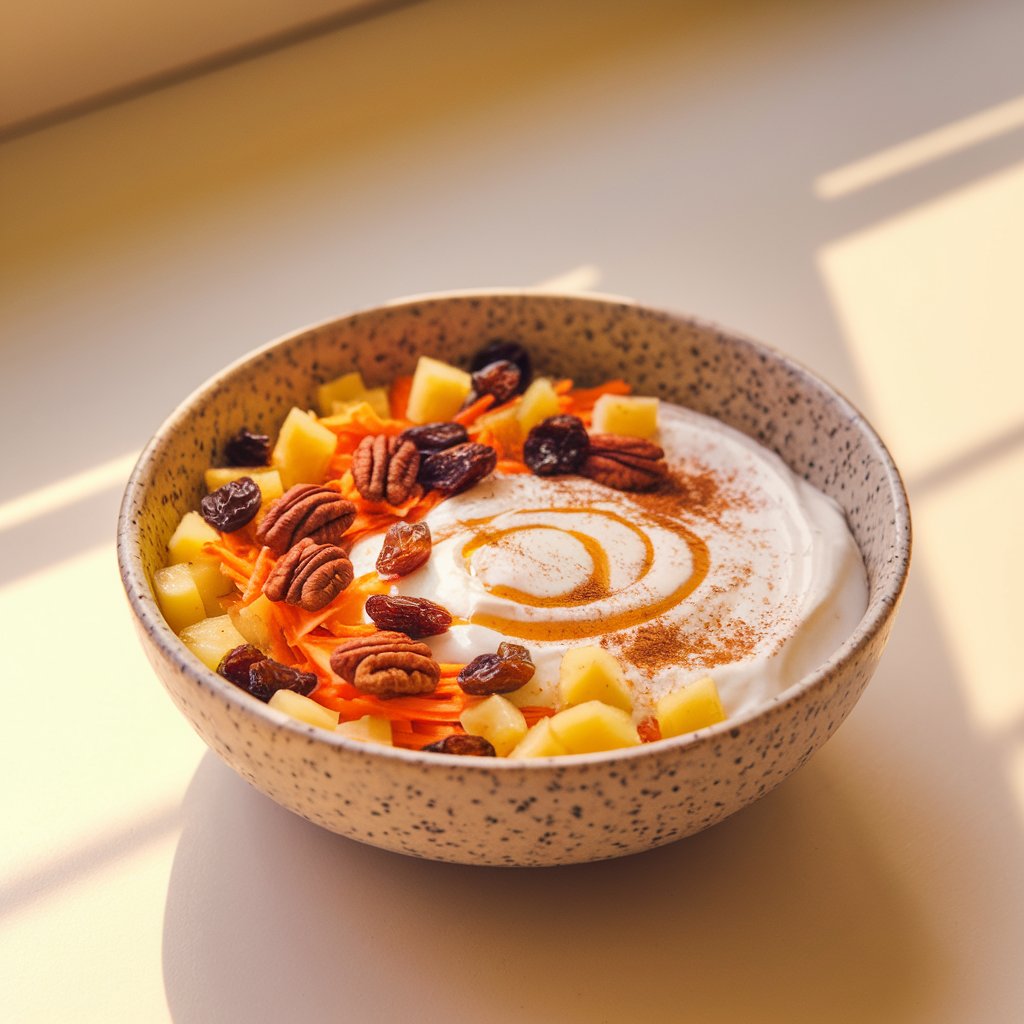 A photo of a speckled ceramic bowl containing a yogurt bowl. The bowl has a creamy vanilla yogurt base, topped with very thin and tiny orange carrot shreds, golden raisins, tiny chopped pecans, and crushed pineapple chunks. A light dusting of cinnamon is sprinkled over the surface, and there's a small swirl of maple syrup in the center. The bowl is placed on a bright plain white kitchen countertop. The warm, natural light illuminates the scene, highlighting the rustic texture of the nuts and the vibrant orange from the carrot.