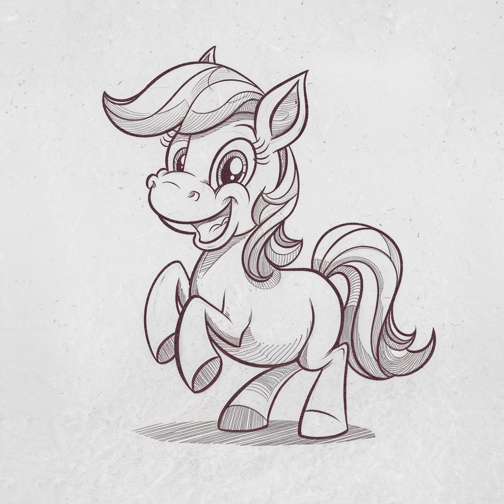 A minimalist, plain white background pencil drawing illustration of a playful cartoon pony. The pony has a simplistic style with exaggerated features. Its eyes are large and rounded with bold outlines. The oversized head features a broad, cheerful grin. The pony's body is compact and squat, with stubby legs posed in an energetic stance. The mane and tail are drawn with chunky, curved lines, giving a bouncy appearance. Its ears are perked and expressive. Minimal shading enhances the outline without crowding the sketch, allowing the character’s lively personality to pop against the plain white background.