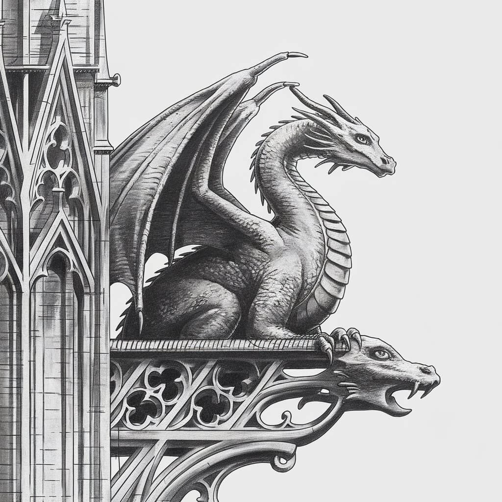 A minimalist pencil drawing of a dragon perched atop a gothic cathedral. The dragon has a stone-like appearance, with its wings folded tightly and a texture that mimics gargoyle shapes. The cathedral has ornate carvings and detailed architecture. The dragon's eyes are narrow, and it gazes into the distance. The background is plain white.