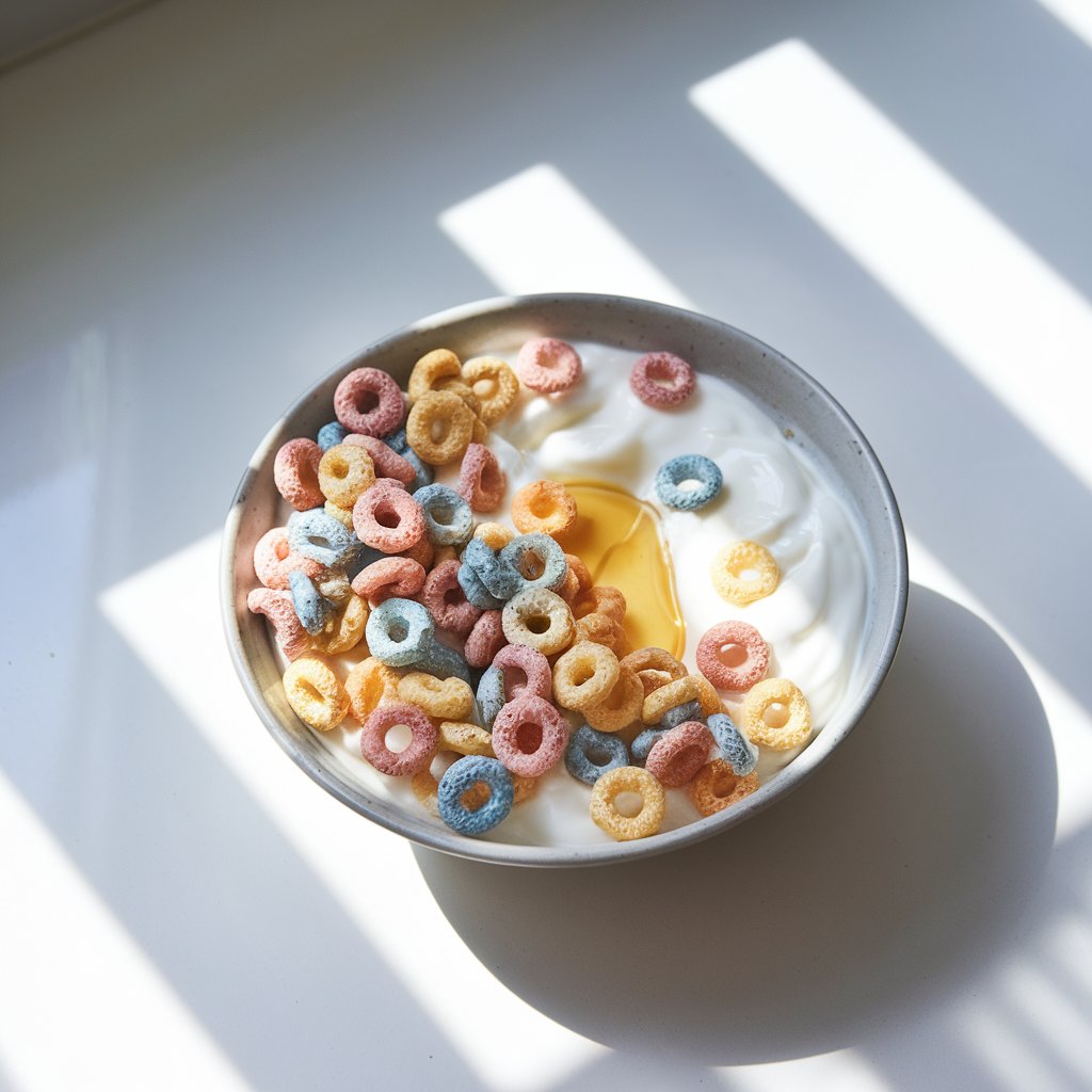 A photo of a yogurt bowl on a white countertop. The bowl contains thick vanilla yogurt, generously topped with loops of colorful breakfast cereal. Some cereal pieces are partially submerged, while others float lightly on the surface. A faint drizzle of honey glistens between the yogurt and cereal. The yogurt bowl is placed on a bright plain white kitchen countertop, with vivid natural light casting playful shadows and making the cereal colors pop.