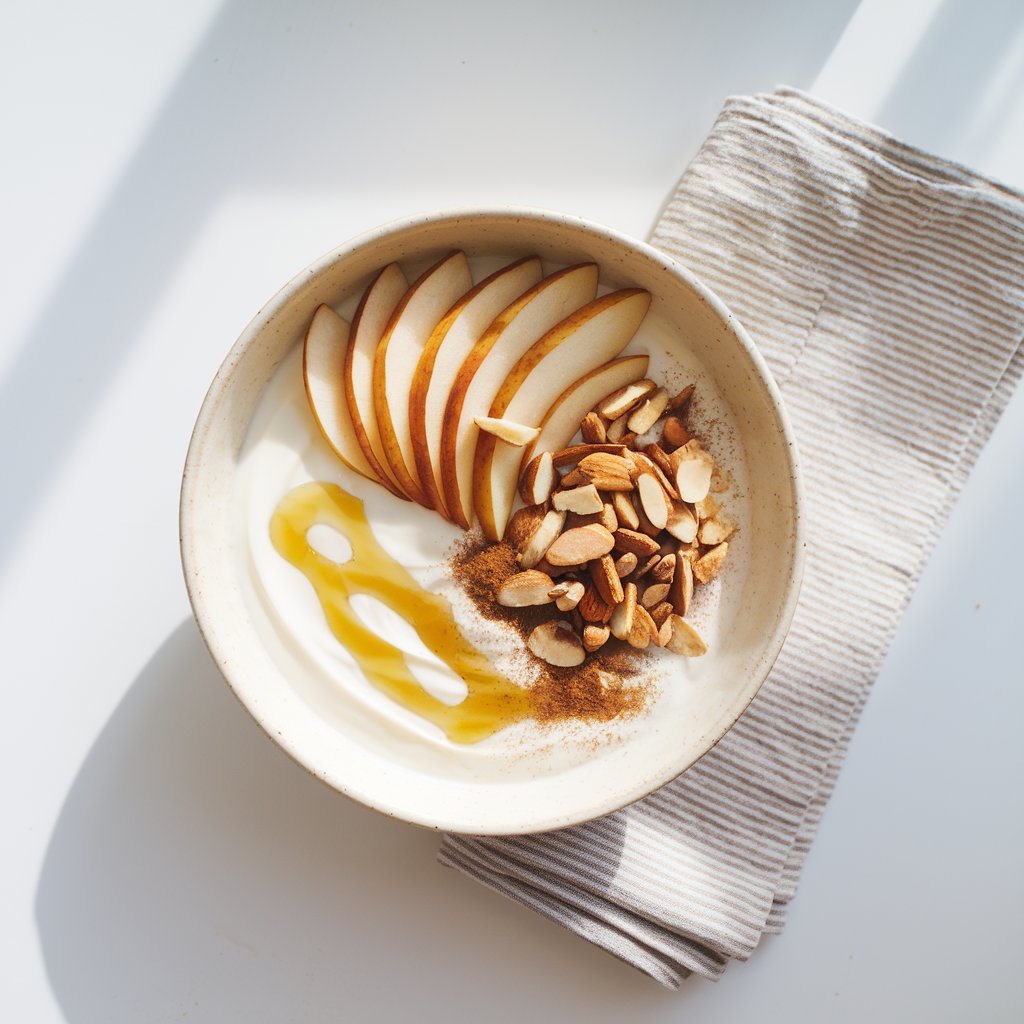 A yogurt bowl presented in a shallow, creamy-white ceramic bowl with fanned thin slices of poached pear, golden toasted almonds, and a dusting of chai spice. Honey is drizzled in a zigzag pattern, slightly pooling in the center. The yogurt beneath is smooth and subtly golden from the honey. The entire setup is placed on a bright plain white kitchen countertop, illuminated by gentle natural light that enhances the earthy tones of the chai and the glossy texture of the pear. A striped folded linen napkin is positioned beside the bowl.