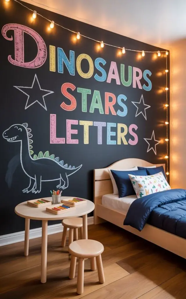 A photograph of a toddler boy's bedroom centered around a large chalkboard wall covered in colorful chalk drawings of "dinosaurs stars letters". A small, round wooden table sits in front of the wall, equipped with miniature stools and trays filled with chalk and erasers, while a low-profile bed with navy blue bedding and playful patterned pillows sits across the room. Warm wooden floors and delicate string lights strung across the ceiling cast a soft glow throughout the room. The scene captures a space designed for imaginative play and restful sleep.