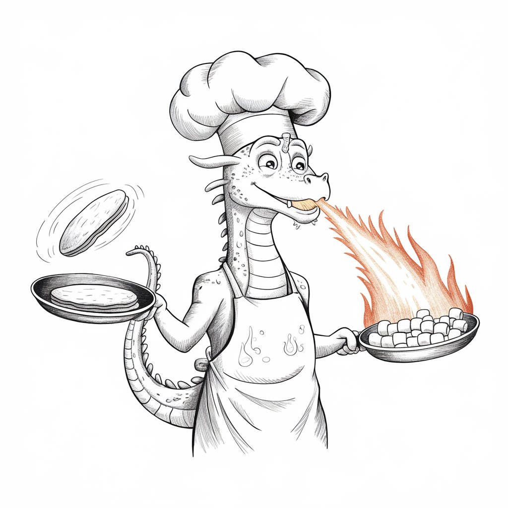 A minimalist, plain white background realistic pencil drawing illustration of a dragon wearing a puffy chef's hat and flipping a pancake with its tail. The dragon's features are outlined with smooth, whimsical strokes. A loosely sketched apron drapes over its chest, with faint flour smudges rendered using soft pencil shading. The pancake is mid-air, caught in a light arc above the skillet. Flames from the dragon's nostrils gently heat the second pan with marshmallows. The dragon is holding two pans in every hand. A fire breath is coming from his mouth. The character's expression is focused, yet cheerful, conveying a fun, culinary moment.