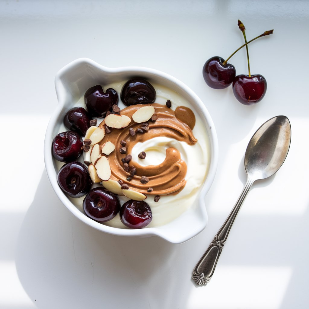 A yogurt bowl styled in a modern low-profile white dish, filled with creamy vanilla yogurt and crowned with glossy dark cherries, sliced almonds, and a ribbon of almond butter elegantly swirled across the top. A few cacao nibs are sprinkled for texture. The cherries appear plump and freshly pitted, slightly glistening. The yogurt bowl is placed on a bright plain white kitchen countertop, with natural light highlighting the deep red cherry tones and the smooth finish of the almond butter. A vintage silver spoon rests alongside with two cherry stems crossing artistically.