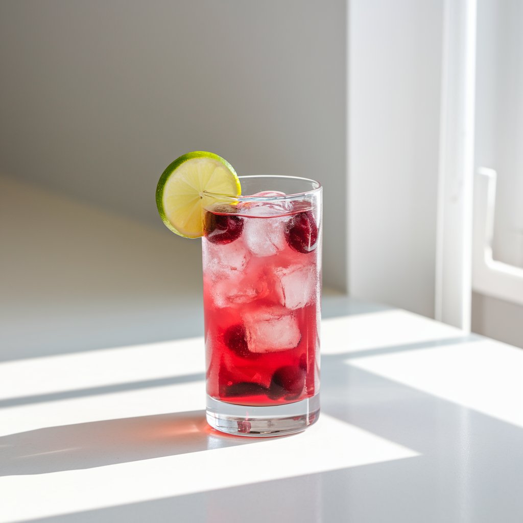 A highball glass holds a vibrant ruby-red summer cocktail with ice cubes. Muddled cherries can be seen through the clear sides. A lime wedge sits on the rim, and a few cherry halves float just below the surface. The drink is placed on a bright plain white kitchen countertop. The scene is brightly lit by natural light pouring in from the right.