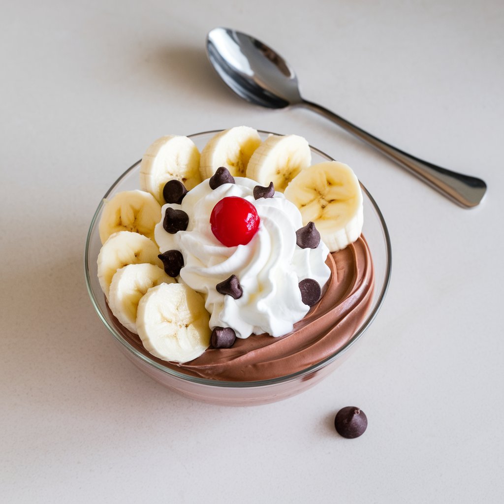 A photo of a yogurt bowl on a white countertop. The bowl contains a layer of rich chocolate yogurt, fanned banana slices, whipped cream swirls, mini chocolate chips, and a bright red maraschino cherry centered on top. The chocolate yogurt glistens slightly under the whipped topping. A dessert spoon with a curved handle lies diagonally beside the bowl. A single chocolate chip has tumbled to the side for a playful effect. The background is clean and simple.