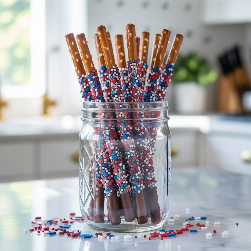 A photograph of a tall, clear mason jar filled with meticulously arranged pretzel rods perfect for Memorial Day. The pretzel rods are half-dipped in glossy milk and white chocolate and generously coated in a festive mix of red, white, and blue sprinkles, miniature silver stars, and shimmering colored sugar crystals. The jar sits centered on a bright, clean white kitchen countertop, with soft natural light streaming in from the left, creating delicate sparkles on the sprinkles and subtly highlighting the contrast between the salty pretzels and the smooth chocolate. A few loose sprinkles are scattered around the base of the jar, adding a touch of charming imperfection to the scene.