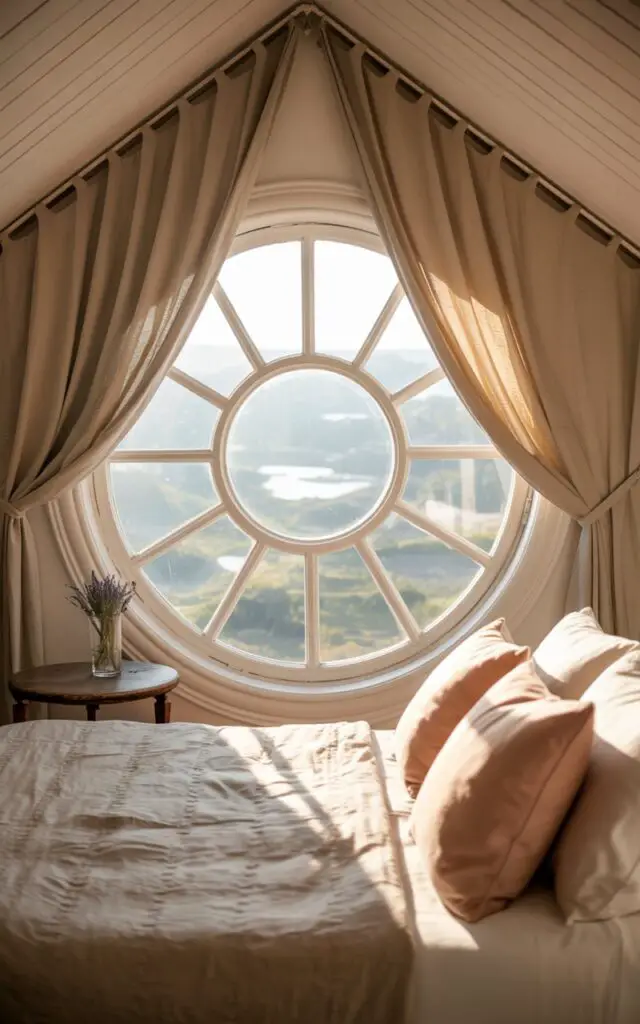 A photograph of a serene bedroom centered around a distinctive circular window overlooking a misty landscape. The round window, framed in crisp white wood and segmented into nautical pie-slice panes, is positioned directly above a plush bed adorned with ivory linen bedding and an array of pastel pillows. Sunlight softly illuminates the room, highlighting the delicate linen drapes gathered loosely on either side and gently revealing a single antique wooden table with a vase holding a few sprigs of lavender. The warm, diffused lighting creates a cozy and dreamlike atmosphere, emphasizing the window's elegant circular shape.