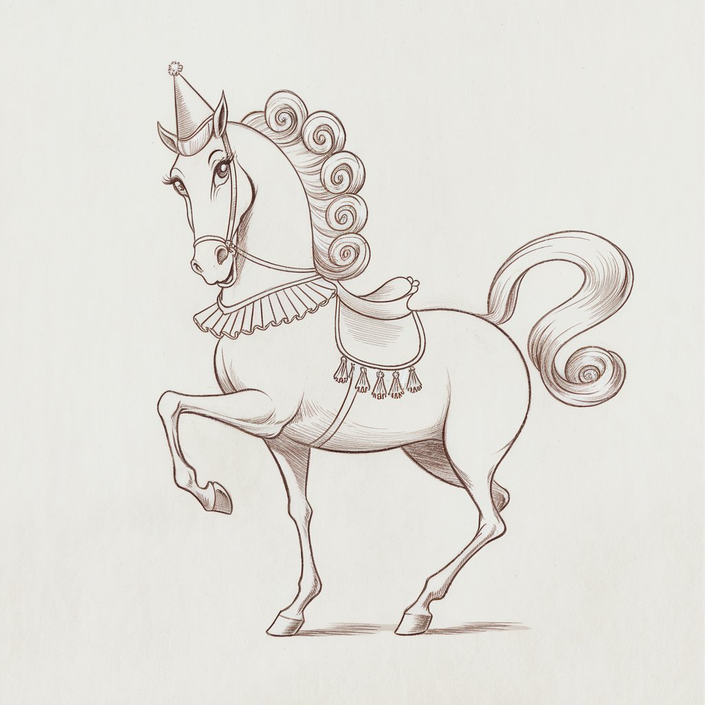 A minimalist, plain white background pencil drawing illustration of a horse mid-performance, one leg raised in an elegant pose. Drawn in a simplistic style, the horse wears a small, pointed circus hat and a ruffled collar. Its expression is lively, with a slight upward tilt to the head and perked ears. The mane and tail are styled in neat, playful curls, each strand defined with confident loops. Decorative tassels dangle from the saddle area, all softly shaded to maintain balance against the plain white background.