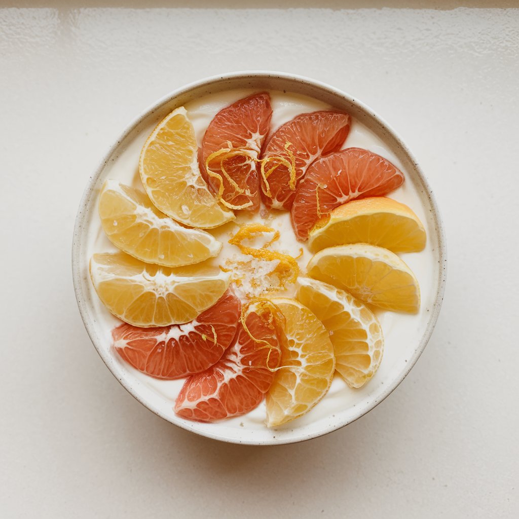 A photo of a yogurt bowl on a white kitchen countertop. The bowl contains plain yogurt and is topped with neatly segmented grapefruit and orange slices arranged in a sunburst pattern. Fine lemon zest is grated over the top, with a delicate sprinkle of flaky salt. The yogurt bowl is placed on a bright plain white kitchen countertop, glowing in fresh natural light that enhances the translucent quality of the citrus segments.
