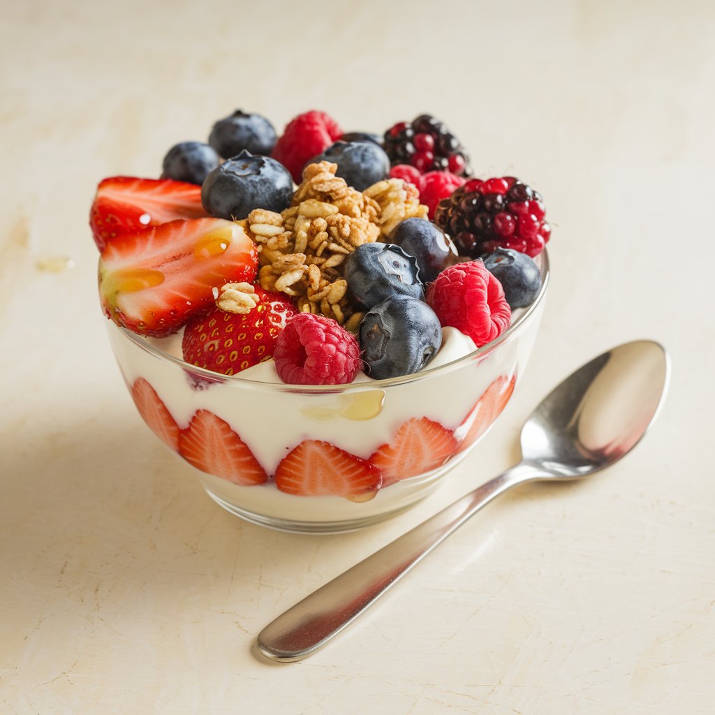 A photo of a yogurt bowl with a vibrant assortment of fresh strawberries, blueberries, raspberries, and blackberries. The bowl is placed on a bright plain white kitchen countertop. There is a golden drizzle of honey over the berries and a generous sprinkle of granola on top. The yogurt is thick, creamy, and visibly peeking through the fruit layers. A silver spoon rests beside the bowl.
