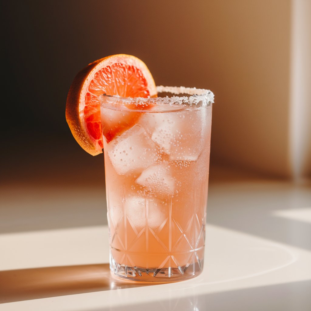 A photo of a tall, transparent glass containing a pale pink Paloma cocktail with visible bubbles and ice cubes. The cocktail is garnished with a thick wedge of grapefruit and has a salted rim. The glass is placed on a bright plain white kitchen countertop. The warm natural light bathes the scene, making the drink glow softly.