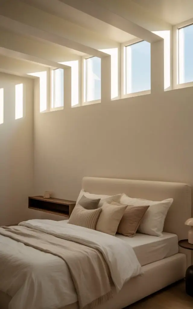 A photograph of a minimalist bedroom bathed in soft, natural light. A row of narrow clerestory windows, framed in matte white, is positioned just below the ceiling, casting long horizontal beams across the pale cream walls and ceiling. Centered against a plain wall, a cozy upholstered bed is styled with pure white linens, a light sand-colored duvet, and an assortment of plush pillows in muted greys and beiges. A single, dark wood floating shelf and a simple, round nightstand with a small ceramic lamp rest on either side of the bed, completing the tranquil and inviting scene.