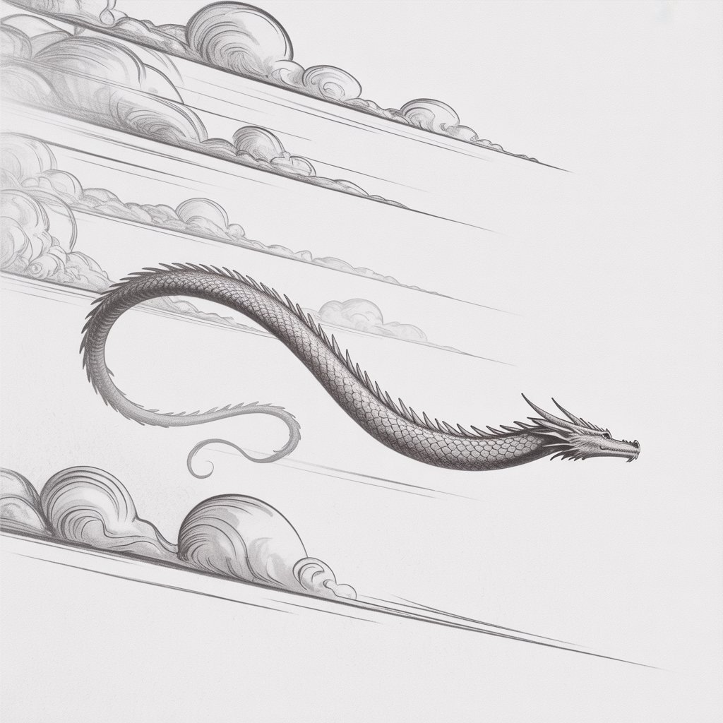 A delicate pencil drawing illustration depicting a long, serpentine dragon gracefully soaring through a sky filled with stylized, drifting clouds. The dragon’s scales are subtly textured with fine lines, hinting at an ancient, weathered quality, and its form is elongated and elegant as it curves through the air. Soft, wispy clouds trail behind the dragon, sketched with airy curves, creating a sense of ethereal motion against a pristine white background. Gentle, diffused light illuminates the dragon and clouds, enhancing the serene atmosphere and emphasizing its solitary flight through the vast expanse.