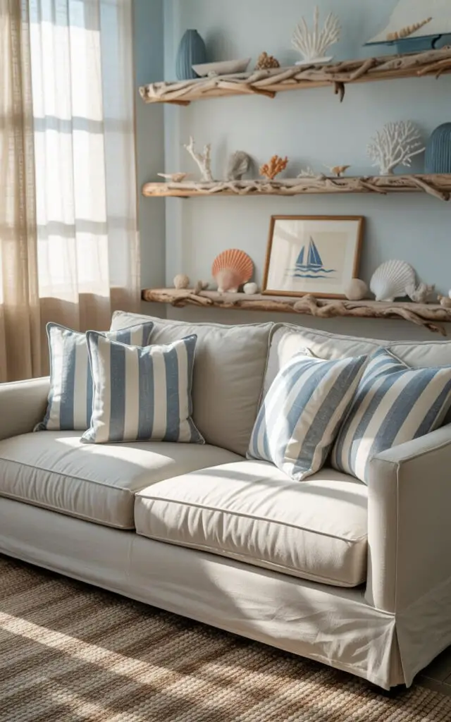 A photograph of a plush, pale sand-grey sofa positioned centrally in a serene living room bathed in soft natural light. The sofa is generously adorned with three washed blue and white striped cushions, arranged casually and invitingly, and sits atop a large woven jute rug with a subtle, natural texture. Behind the sofa, driftwood-inspired shelves showcase a carefully arranged collection of seashells, coral, and a single framed print depicting a stylized sailboat, all softly illuminated by sunlight filtering through sheer linen curtains. The walls are painted a gentle whisper-blue, complementing the coastal aesthetic and creating a calm, inviting atmosphere.