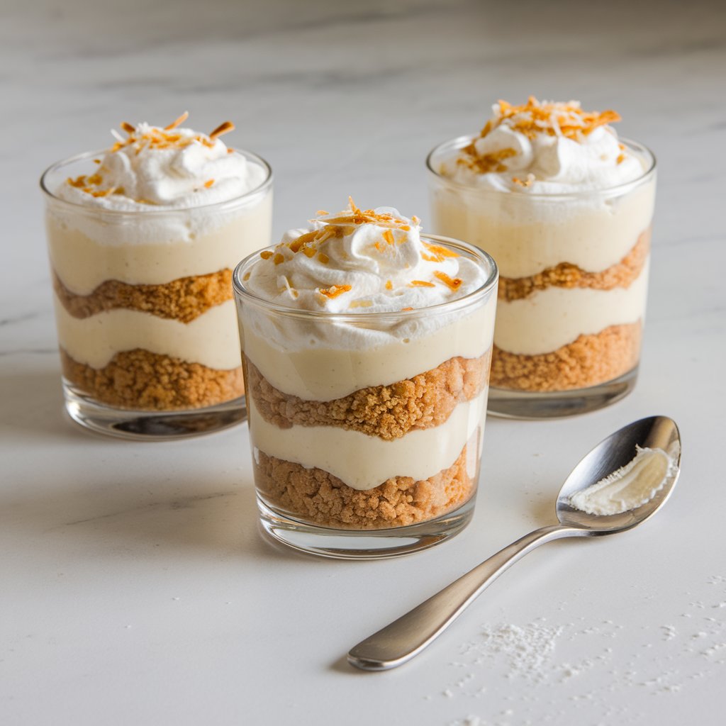 A photo of three clear glass cups on a white countertop. Each cup has alternating layers of golden graham cracker crumbs, thick cream-colored coconut custard, and billowy whipped cream. The top of each cup is dusted with toasted white coconut flakes. A stainless steel spoon is placed beside one cup, with a smear of cream left on the spoon. The background is clean and simple.