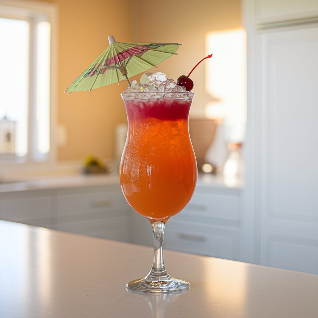 A photo of a large hurricane glass filled with a summer cocktail. The drink is a vibrant orange colour with a pinkish-red band near the top due to the grenadine syrup. A maraschino cherry is placed on top of the drink, sitting above crushed ice. The ice is held in place by a small paper umbrella. The glass is placed on a bright white kitchen countertop. The room is illuminated by golden natural light, highlighting the tropical tones of the drink.
