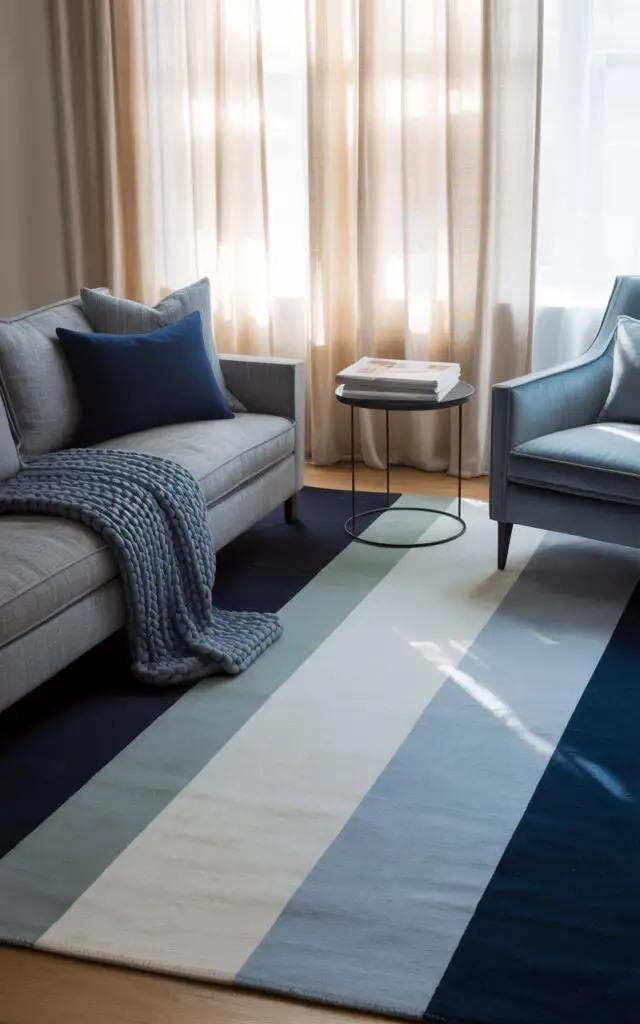 A photograph of a modern living room showcasing a striking color-blocked area rug in bold bands of navy, slate, and pale blue. A medium grey sofa anchors the room, draped with chunky knit throws and accented by indigo pillows, positioned directly on the rug's navy stripe. A steel blue armchair sits slightly angled near a sleek black metal side table holding a stack of design magazines, while soft natural light filters through sheer linen curtains, creating a calm and inviting atmosphere. The scene exudes a stylish and grounded feel, perfect for a contemporary and lived-in space.