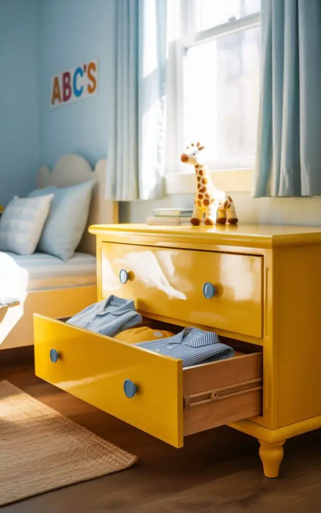 A photograph of a cheerful toddler boy's bedroom centered around a sunshine-yellow dresser with a glossy finish. The dresser is slightly off-center, with two drawers partially open, revealing neatly folded blue and white striped pajamas and a small plush giraffe peeking out. Soft pastel blue walls are adorned with a playful print of "ABC's" above the bed and a simple woven rug sits on the wooden floor. Gentle, diffused sunlight streams through a window, illuminating the room and creating a warm, inviting atmosphere.