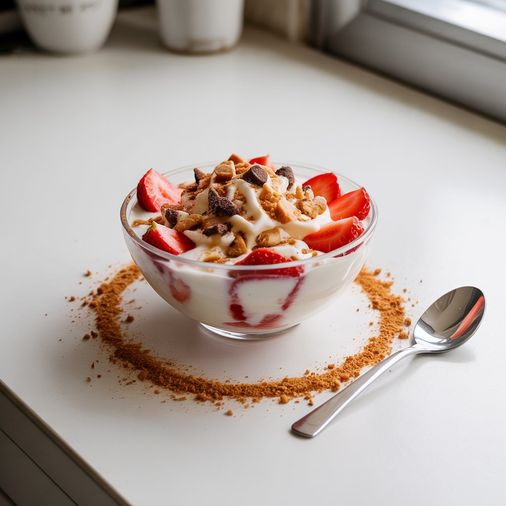 A photograph of a white dessert bowl filled with creamy vanilla yogurt, adorned with a generous topping of crushed chocolate chip cookies, a delicate dusting of cinnamon, and vibrant sliced strawberries. The yogurt bowl sits on a bright, plain white kitchen countertop, with a scattering of golden cookie crumbs artistically arranged around its rim. Soft, natural light illuminates the scene, highlighting the contrasting textures and creating gentle shadows that emphasize the bowl’s clean lines and the colorful contents. A simple stainless steel spoon rests casually to the side, suggesting a moment of indulgence and simple pleasures.