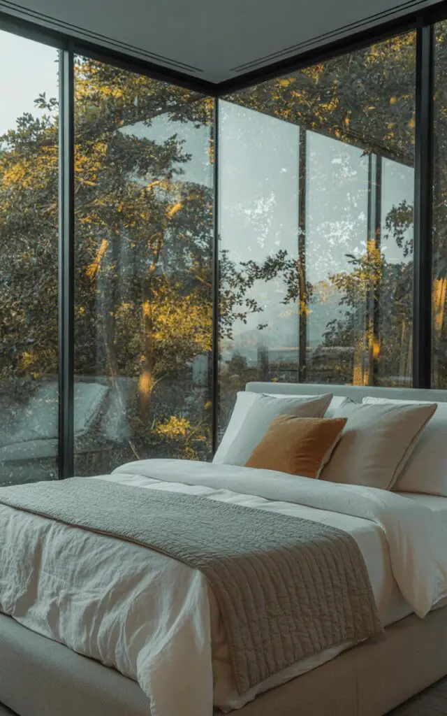 A photograph of a serene bedroom corner featuring a luxurious king-sized bed against a striking glass corner window. The bed is dressed in crisp white linen sheets, a dove-grey quilt, and several plush pillows in muted tones of cream and ochre, positioned directly opposite the expansive window. The floor-to-ceiling glass walls wrap around the corner, revealing a breathtaking panoramic view of lush treetops bathed in the warm glow of a morning sun, and framed by sleek black aluminum. Soft, diffused natural light fills the room, highlighting the minimalist decor and creating a sense of tranquil spaciousness.
