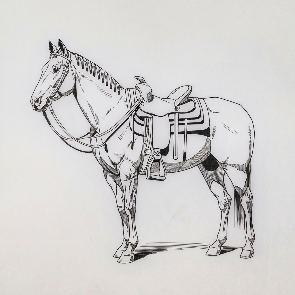 A minimalist, plain white background pencil drawing illustration of a horse outfitted with a Western-style saddle and reins, drawn in a simplistic style that honors classic cowboy imagery. The horse stands firmly, body angled slightly to the side to showcase the gear. The saddle is lightly detailed with a visible horn, stirrups, and girth, all indicated with clean, geometric pencil strokes. The horse’s expression is steady and alert, with short mane strokes tucked beneath the bridle. Its strong build is outlined with bold lines and slight shading along the flanks. All elements rest crisply against the plain white background.