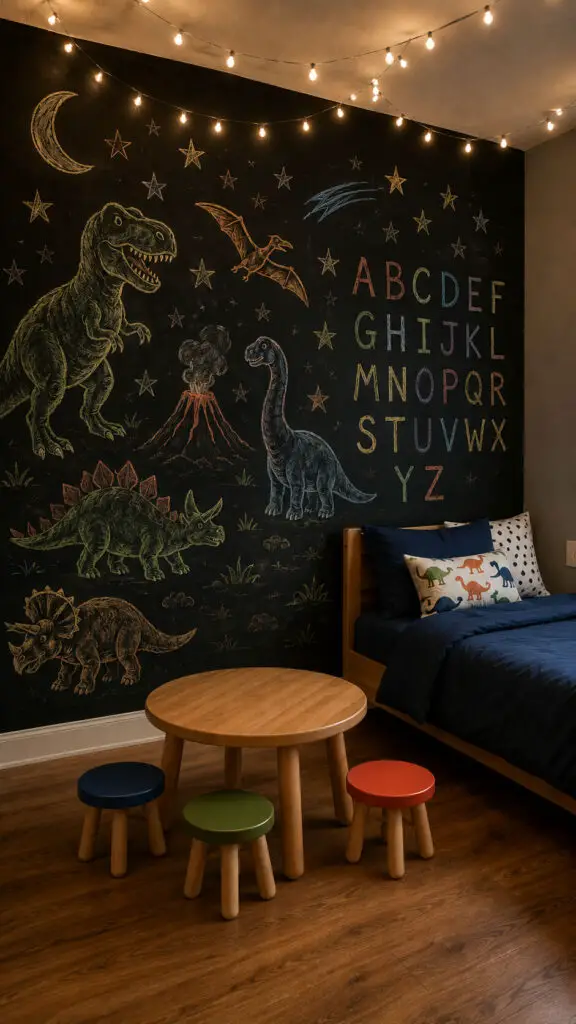 Cozy dinosaur themed playroom with chalk art