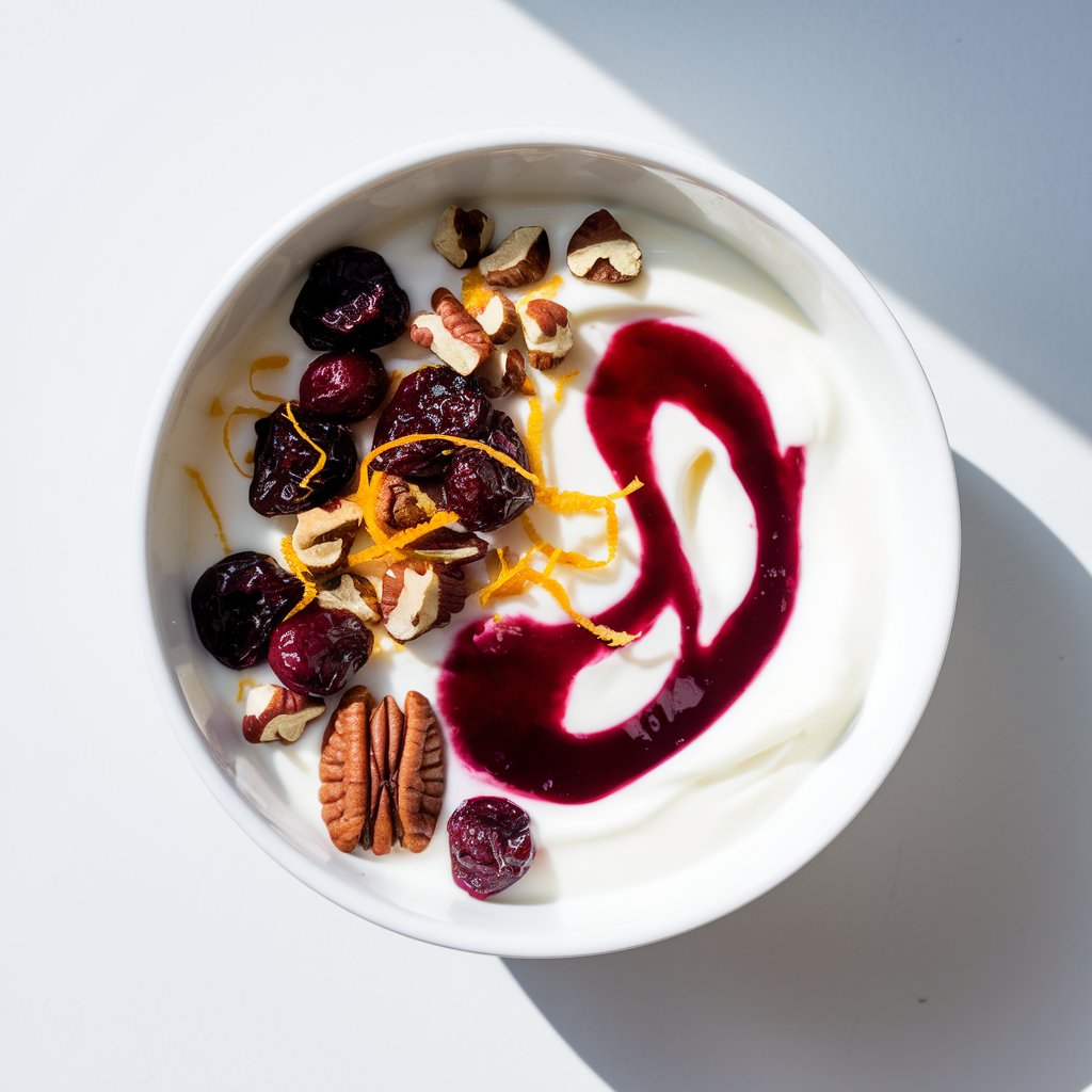 A yogurt bowl in a crisp white bowl filled with thick yogurt. The yogurt is topped with dried cranberries, orange zest, chopped pecans, and a swirl of cranberry sauce. The cranberry swirl is bold and glossy, with a rich burgundy tone. The yogurt bowl is placed on a bright plain white kitchen countertop, lit by natural light that makes the orange zest glow and brings out the jewel tone of the cranberry.