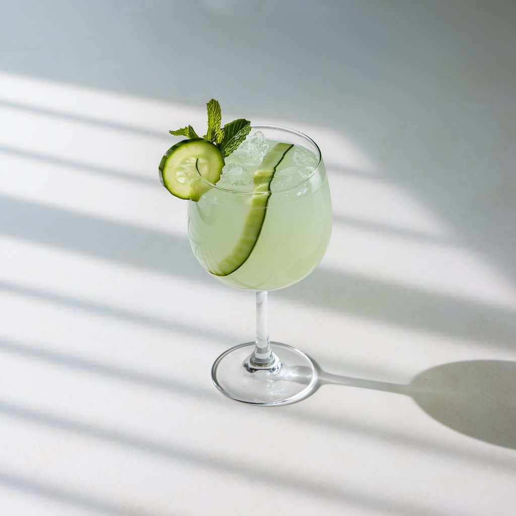 A minimalist summer cocktail served in a clear Collins glass, showcasing a pale green liquid and a long ribbon of cucumber swirling through crushed ice. A mint sprig and a thin cucumber wheel are used as garnish. The drink rests on a bright plain white kitchen countertop beneath natural light, which casts delicate shadows around the base.