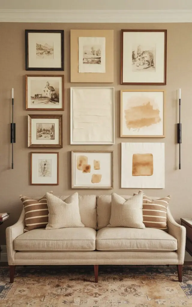 A beige living room with a gallery wall above a cozy sofa. The gallery wall contains sepia sketches, cream canvases, and tan watercolors. The frames vary in wood and metal finishes. There are slender wall sconces on either side of the sofa. A vintage-look rug and a mid-century side table are also present in the room. The overall atmosphere is warm and intelligent, with a personal touch.