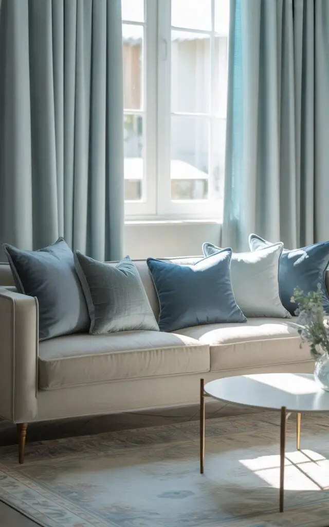A photograph of a serene living room bathed in soft, natural light, showcasing a plush whisper-grey sofa as its central focus. The sofa is adorned with elegantly arranged cushions in various shades of blue velvet and linen, and is positioned directly below floor-length soft blue window curtains that gently pool on the pale grey floor. A round white coffee table with slender brass legs rests in the room's center, while a glimpse of a muted blue and grey patterned rug peeks out from beneath the sofa, completing the calming and delicately stylish ambiance. Gentle sunlight streams through the window, creating a warm and inviting atmosphere throughout the room.