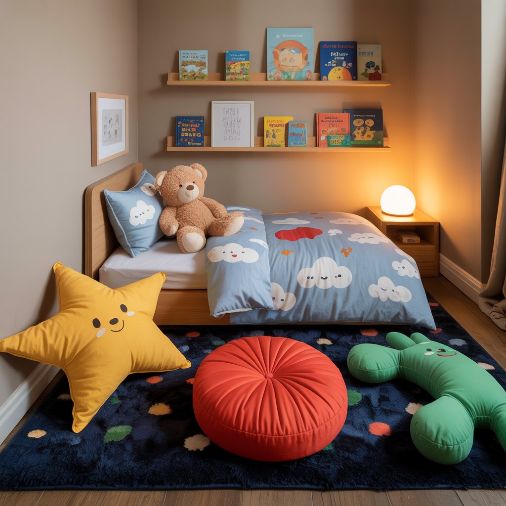A photograph of a cozy toddler boy's bedroom, designed for comfort and play. The room centers around a plush navy rug scattered with oversized floor cushions in playful shapes: a yellow star, a vibrant red circle, and a friendly green animal. Against one wall sits a well-decorated bed styled with soft cloud-patterned sheets and a cuddly brown teddy bear, with wooden shelves above displaying colorful storybooks and framed children’s art. A soft ambient glow emanates from a corner lamp, illuminating the earthy color palette of creams, blues, and greens, creating a relaxed and inviting atmosphere.