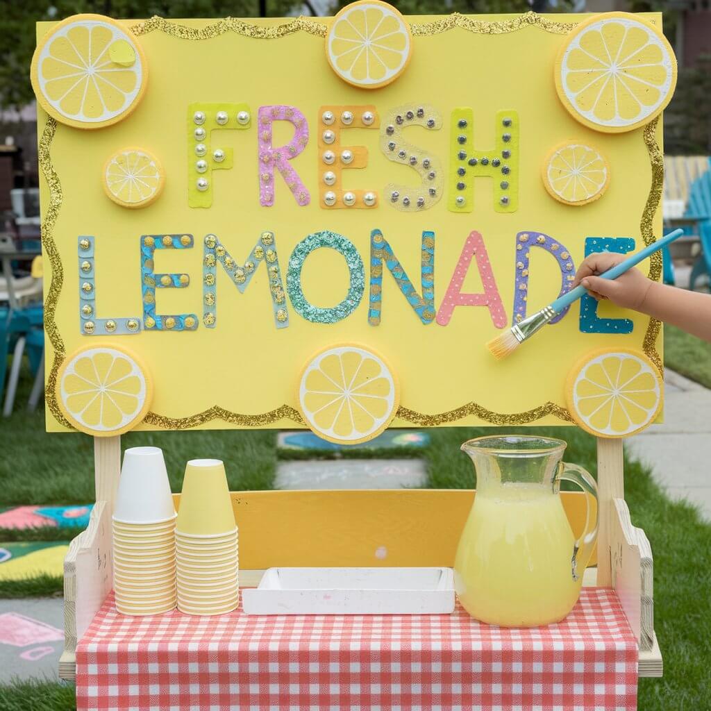 A cheerful scene of a kid-sized lemonade stand with a bright yellow sign that reads "Fresh Lemonade" in big, hand-painted letters. The sign is decorated with foam lemon slices, puffy paint outlines, and glittery borders. A child's hand is shown holding a brush mid-letter. The lemonade stand is wooden, with a checkered tablecloth, paper cups stacked neatly, and a pitcher filled with yellow liquid. The background contains green grass, sidewalk chalk, and lawn chairs.