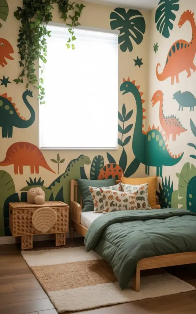 A photograph of a cozy toddler boy's bedroom filled with playful charm. The room’s focal point is a whimsical mural of vibrant dinosaur wall decals adorning the walls, extending downwards toward a toddler bed with forest green bedding and several patterned animal print pillows. A woven toy chest shaped like a friendly elephant sits neatly beside the bed, while faux leafy potted plants and hanging vines add a touch of nature from the ceiling corners; a soft, diffused light streams through a window, creating a warm and inviting atmosphere. The overall scene captures a sense of imaginative playfulness and serene comfort.