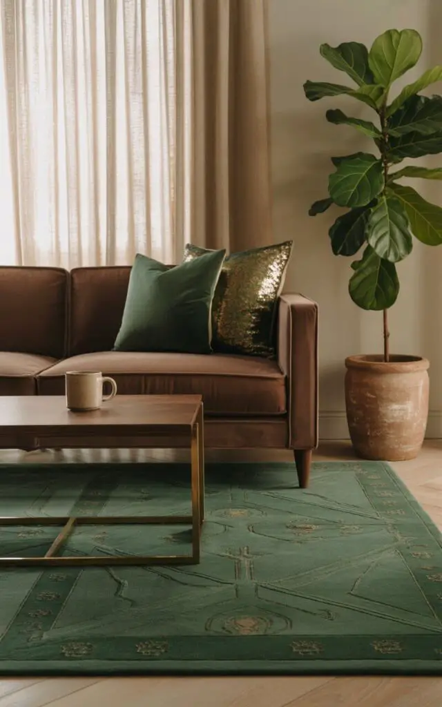 A photograph of a luxurious living room anchored by a deep green area rug. A milk chocolate velvet sofa sits invitingly on the rug, adorned with plush forest green pillows accented with shimmering gold details, with a ceramic mug and a walnut coffee table nearby. Light greige walls and a large fiddle leaf fig in a rustic clay planter complete the elegant setting, bathed in soft, natural light filtering through sheer linen curtains. The scene exudes a feeling of cozy sophistication, inviting relaxation and quiet contemplation.
